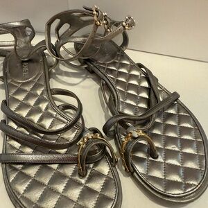 CHANEL Silver Metallic Sandals with Quilted Sole
